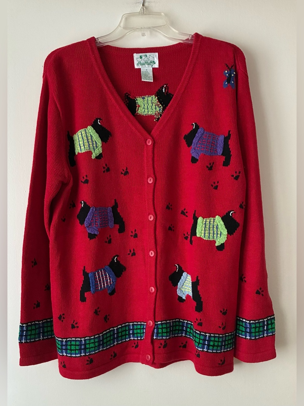 The Quacker Factory Scottie Dogs Cardigan, Sz. M, Red w/ Embroidered Scotties